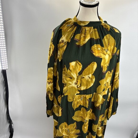 A New Day Womens L Green Yellow Floral Maxi Dress Long Sleeve High Neck Flowing - Picture 2 of 7